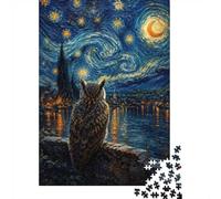 1000 Piece Jigsaw Puzzle for Adults, 38x26cm/1000pcs, Owl on A Wall Under Starry Night, Shared Puzzle Activity, Quiet Home Time And Couples And Families