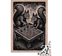 1000 Piece Jigsaw Puzzle for Adults, 38x26cm/1000pcs, Squirrels Playing Game Woodcut Print, Gift for Puzzle Lovers, Winter Home Activity And Time at Home