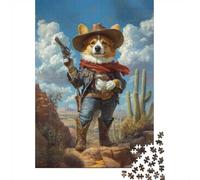 1000 Piece Jigsaw Puzzle for Adults, 52x38cm/1000pcs, Corgi Cowboy with Gun ｜ Western Desert Art, Shared Puzzle Activity, Time Around The Table And Time Together