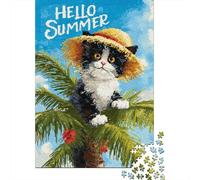 1000 Piece Jigsaw Puzzle for Adults, 52x38cm/1000pcs, Hello Summer Cat Art Print, Screen-Free Activity And Cosy Winter Evenings
