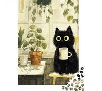 1000 Piece Jigsaw Puzzle for Adults, 52x38cm/1000pcs, Morning Ritual - Black Cat with A Cup, Relaxing Winter Hobby, Focused Screen-Free Time And Time at Home