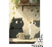 1000 Piece Jigsaw Puzzle for Adults, 52x38cm/1000pcs, Quiet Coffee Ritual - Two Cats Sharing A Calm Moment, Shared Puzzle Activity, Time Around The Table And Time Together