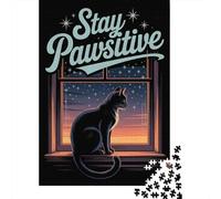 1000 Piece Jigsaw Puzzle for Adults, 52x38cm/1000pcs, Stay Pawsitive Cat Window Starry Night, Indoor Puzzle Activity, Home Relaxation And Cosy Evenings