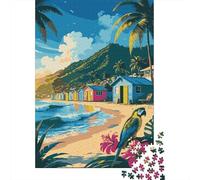 1000 Piece Jigsaw Puzzle for Adults, 52x38cm/1000pcs, Tropical Beach with Colorful Huts And Parrot, Shared Puzzle Activity, Quiet Home Time And Couples And Families