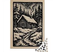 1000 Piece Jigsaw Puzzle for Adults, 52x38cm/1000pcs, Winter Cabin Woodcut Print Art, Screen-Free Activity And Cosy Winter Evenings