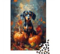 1000 Piece Jigsaw Puzzle for Adults, 70x50cm/1000pcs, Dachshund with Pumpkins Painting ｜ Fall Dog Portrait, Shared Puzzle Activity, Time Around The Table And Time Together