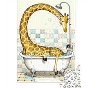 1000 Piece Jigsaw Puzzle for Adults, 70x50cm/1000pcs, Giraffe Have Difficulty Taking A Bath Illustration, Screen-Free Activity And Quiet Winter Weekends