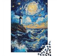 1000 Piece Jigsaw Puzzle for Adults, 70x50cm/1000pcs, Lighthouse Under Starry Sky, Idea, Family Activity And Cosy Winter Evenings