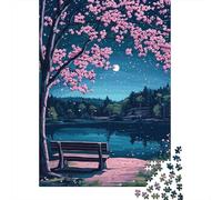 1000 Piece Jigsaw Puzzle for Adults, 70x50cm/1000pcs, Nighttime Lake with Cherry Blossoms, Festive Gift Idea, Winter Indoor Activity And Family Time at Home