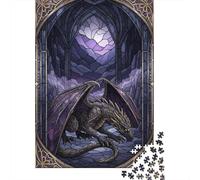 1000 Piece Jigsaw Puzzle for Adults, 70x50cm/1000pcs, Stained Glass Dragon in Gothic Archway, Indoor Family Activity, Quiet Home Time And Time Together