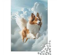 1000 Piece Jigsaw Puzzle for Adults, 70x50cm/1000pcs, Winged Sheltie Dog Flying in Clouds Shetland Sheepdog Pet Loss Wall Art, Family Activity, Time Around The Table And Weekend Downtime
