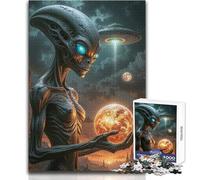 1000 Piece Jigsaw Puzzle for Adults Alien Holding Planet with UFO Family Fun & Game Night Analysis And Logic Anti-Stress Toys Size 38x52cm