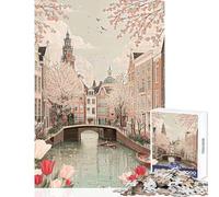 1000 Piece Jigsaw Puzzle for Adults Amsterdam Canal in Spring with Tulips Brain Teaser Game Difficult Challenge Toy Wall Decor Enhance Love between Couples (50x75cm)