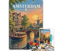 1000 Piece Jigsaw Puzzle for Adults, Amsterdam Canal Scene with Windmill | Adult jigsaw puzzle with 1000 pieces; offers a calm pastime at home; for a satisfying activity at home.