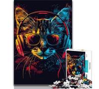 1000 Piece Jigsaw Puzzle for Adults And Teenagers Cat with Headphones Sunglasses Puzzles for Teenagers,Brain Teaser - Birthday Gift for Men 26x38cm
