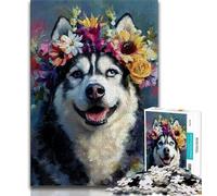 1000 Piece Jigsaw Puzzle for Adults And Teenagers Husky Wearing Flowers,Family Game Stress Reliever Difficult Challenge Suitable for Couples (38x26cm)