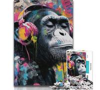 1000 Piece Jigsaw Puzzle for Adults And Teenagers Monkey with Headphones,Family Game Stress Reliever Difficult Challenge Suitable for Couples (75x50cm)