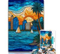 1000 Piece Jigsaw Puzzle for Adults And Teenagers Stained Glass City, Toy Intellectual Game,with Matching Poster And Trivia Sheet for And Age 14 Years Up 38x26cm