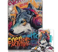 1000 Piece Jigsaw Puzzle for Adults And Teenagers Wolf with Headphones,Staycation Kill Time with Matching Poster And Trivia Sheet 38x26cm