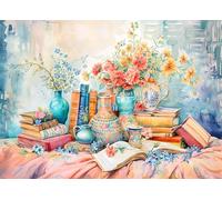 1000 Piece Jigsaw Puzzle for Adults Art Inspired Still Life with Books Ceramic Vases and Vibrant Flowers a Calming Nostalgic Scene for Relaxation and Home Decor Large 27.5x19.7 Inch Puzzle