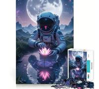 1000 Piece Jigsaw Puzzle for Adults Astronaut Lotus Flower by Pond Tight Cut Fun Mind Game Gift Relax Fun Time Birthday Game Gift (38x26cm)