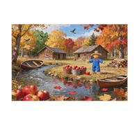 1000 Piece Jigsaw Puzzle for Adults Autumn Cabin by The Lake, Beautiful Fall Forest Trees Leaves and Scarecrow Landscape Rustic Art Puzzle, Relaxing Nature Gift, Completed Size 30x20 in