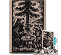 1000 Piece Jigsaw Puzzle for Adults, Bear and Raccoon Tea Party Woodcut | Adult puzzle challenge on Sunday afternoons for rewarding progress.