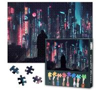 1000 Piece Jigsaw Puzzle for Adults Black and White Cyberpunk City Night Scene with Neon Street View Monochrome Artwork Modern Wall Decor Large Size 27.5x19.7 Inch