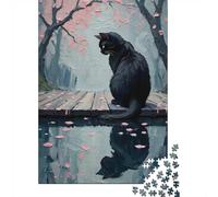 1000 Piece Jigsaw Puzzle for Adults, Black Cat by Cherry Blossoms