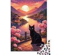 1000 Piece Jigsaw Puzzle for Adults, Black Cat by Cherry Blossoms at Sunset