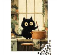1000 Piece Jigsaw Puzzle for Adults, Black Cat Cooking in A Cozy Kitchen, 38x26cm/1000pcs, Shared Puzzle Activity, Weekend Leisure And Friends And Family