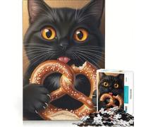 1000 Piece Jigsaw Puzzle for Adults Black Cat Eating Pretzel, Practical Game, Stress Reliever, Deal As Gifts for The Whole Family 38x26cm