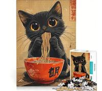 1000 Piece Jigsaw Puzzle for Adults Black Cat Eating Ramen, Practical Game, Stress Reliever, Deal As Gifts for The Whole Family 50x75cm