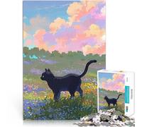 1000 Piece Jigsaw Puzzle for Adults Black Cat in Flower Field Quiz game for is ideal as a gift for the whole family 50x70cm