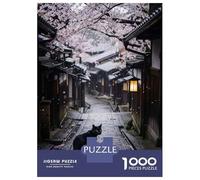 1000 Piece Jigsaw Puzzle for Adults Black Cat in Japanese Cherry Blossom Alley Adult Jigsaw Puzzle Toy Wall Decor Precision Cutting Unique Gifts for Birthday And Christmas 52x38cm/1000pcs