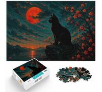 1000 Piece Jigsaw Puzzle for Adults, black cat silhouette japan style