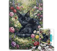 1000 Piece Jigsaw Puzzle for Adults, Black Cat Sleeping Among Flowers | Choose a January indoor activity for a calm start to the year for calm focus.
