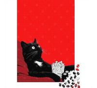 1000 Piece Jigsaw Puzzle for Adults, Black Cat Watching Movie with Popcorn