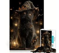 1000 Piece Jigsaw Puzzle for Adults Black Cat Witch with Autumn Leaves Clean Edge Game, Logic Skill Play, Idle Play Game, Xmas Art Display (38x26cm)