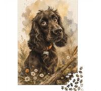 1000 Piece Jigsaw Puzzle for Adults, Black Cocker Spaniel Flowers Log