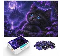 1000 Piece Jigsaw Puzzle for Adults, Black Kitten Blue Eyes Moon Castle | For a puzzle gift at Christmas: Adult jigsaw puzzle with 1000 pieces offers for the Christmas break.