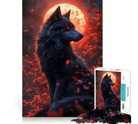 1000 Piece Jigsaw Puzzle for Adults Black Wolf Under Blood Moon Clean Edge Game, Logic Skill Play, Idle Play Game, Xmas Art Display (38x26cm)