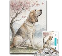 1000 Piece Jigsaw Puzzle for Adults, Bloodhound under a Cherry Blossom Tree | Choose a winter gift for adults for year-end leisure time for cosy indoor evenings.