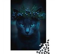 1000 Piece Jigsaw Puzzle for Adults, Blue Cat with Berry Wreath