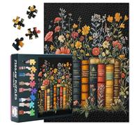 1000 Piece Jigsaw Puzzle for Adults Books and Wildflowers Puzzle Dramatic Black Background Jigsaw Puzzles Botanical Art Puzzles Unique Brain Teaser Game for Family Activity 50.5x70.5cm