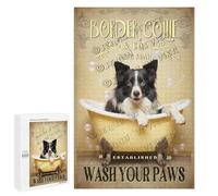 1000 Piece Jigsaw Puzzle for Adults - Border Collie Wash Your Paws Funny Dog Design - Decorative Wooden Puzzle Gift for Pet Owners and Art Fans