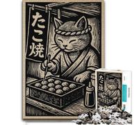 1000 Piece Jigsaw Puzzle for Adults, Cat Chef Making Takoyaki Woodcut Print