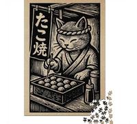 1000-Piece Jigsaw Puzzle for Adults, Cat Chef Making Takoyaki Woodcut Print, 38x26cm/1000pcs, Relaxing Home Activity And Holiday Downtime