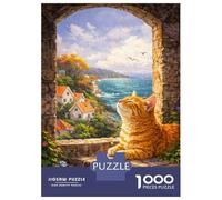 1000 Piece Jigsaw Puzzle for Adults, Cat Enjoying A Scenic View Artwork, Challenging Brain Teaser, Christmas Family Activity, Precision Cut Pieces, 52x38cm/1000pcs