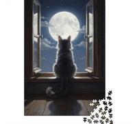 1000 Piece Jigsaw Puzzle for Adults, Cat Gazing at the Full Moon
